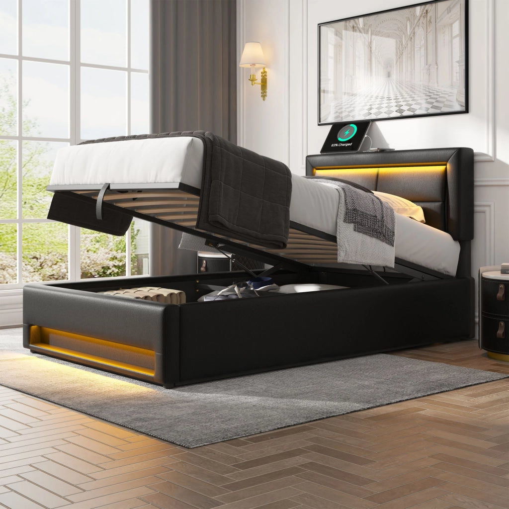 Letto singolo imbottito – 90x200 cm – USB LED contenitore – PU litchi nero