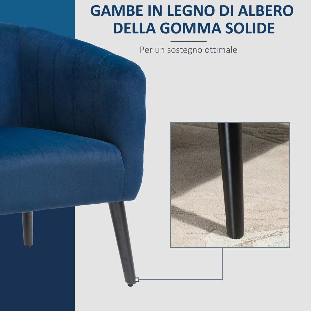 Poltrona Imbottita in Velluto ¨C Minimal ¨C Blu, Gambe in Legno, 70.5x70x76cm
