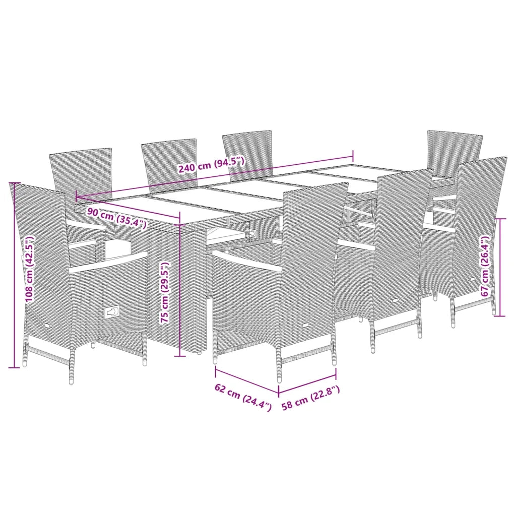 Set da Pranzo da Giardino 9 pz con Cuscini Nero in Polyrattan 3277526