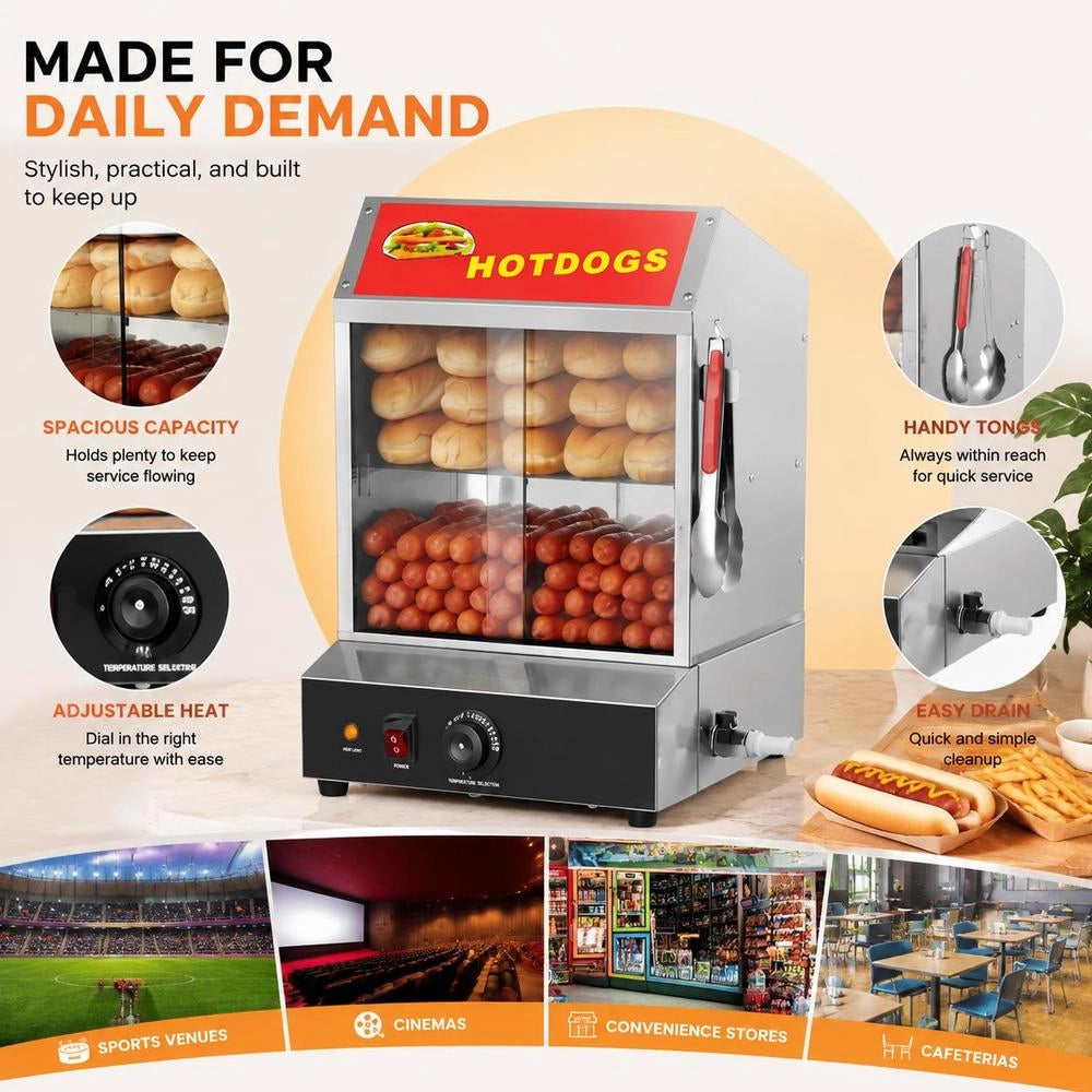 Hot Dog Steamer, 27L, 2-Tier Hot Dog Hut Steamer, 30℃~85℃ Temperature Control, Electric Bun Warmer With Tempered Glass Sliding Doors, Separating Plate Tongs, Stainless Steel, For Hot Dogs & Buns