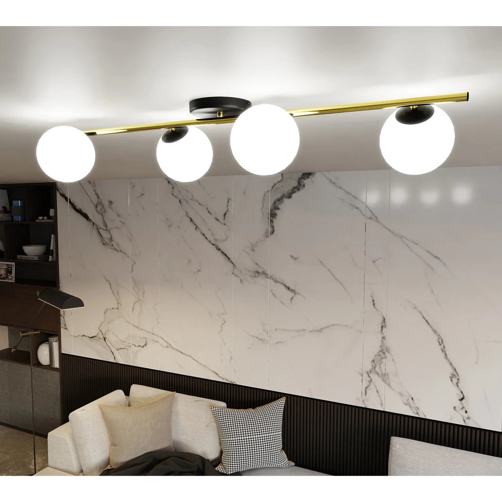 Plafoniera Contemporanea 4 Luci Eracle In Acciaio Oro/Nero E Sfere Vetro Bianco