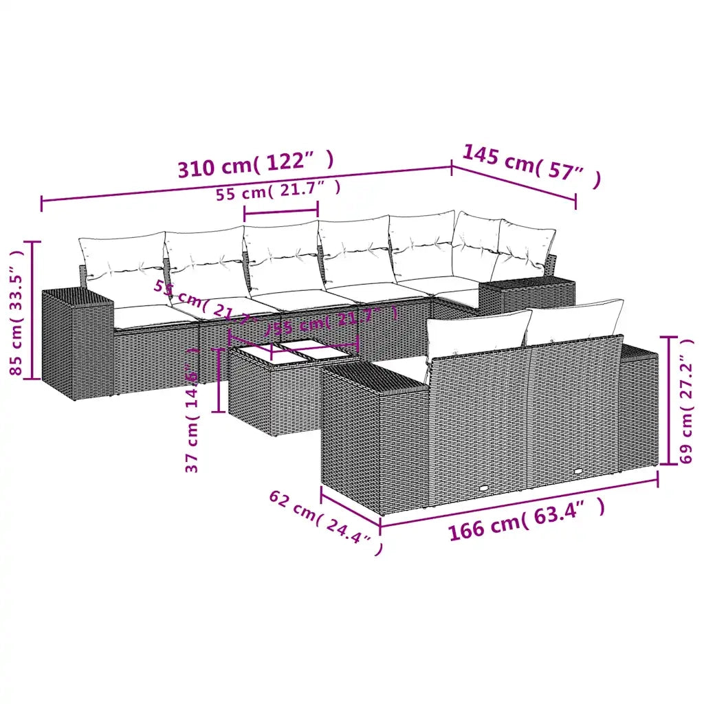 Set Divani da Giardino 9pz con Cuscini Marrone in Polyrattan 3222832