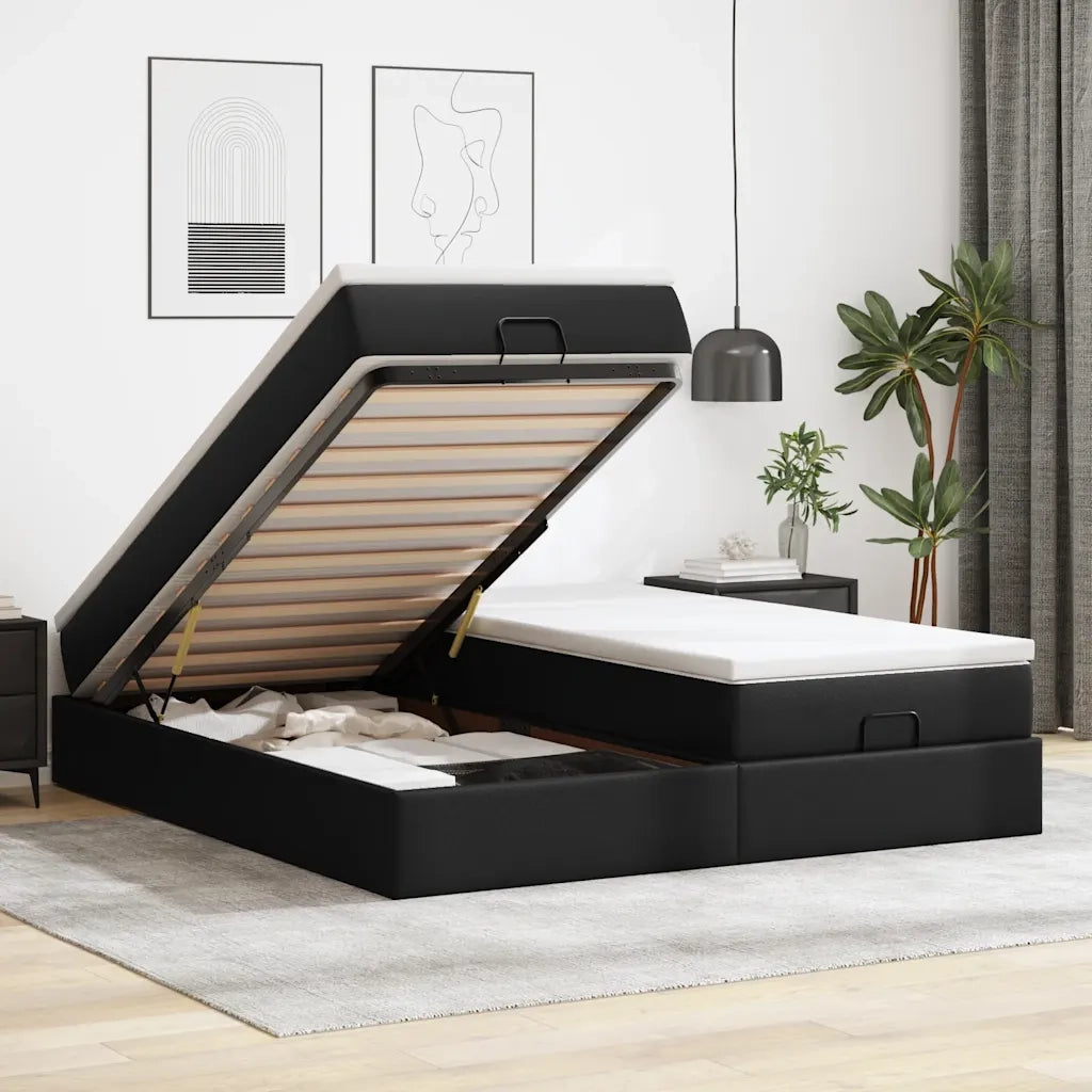 Struttura Letto Pouf con Materassi Nero 180x200 cm Similpelle