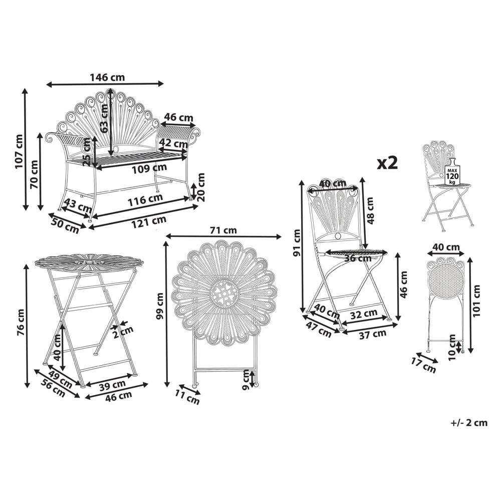 Set da giardino per bistrot Tavolo, panca e sedie in metallo verniciato a polvere bianco sporco Motivo pavone Effetto invecchiato