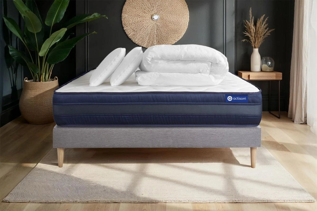 Pacchetto letto completo - Materasso 160x200cm + Box spring con doghe (kit) + 2 cuscini + Piumino - Actiflex Tech