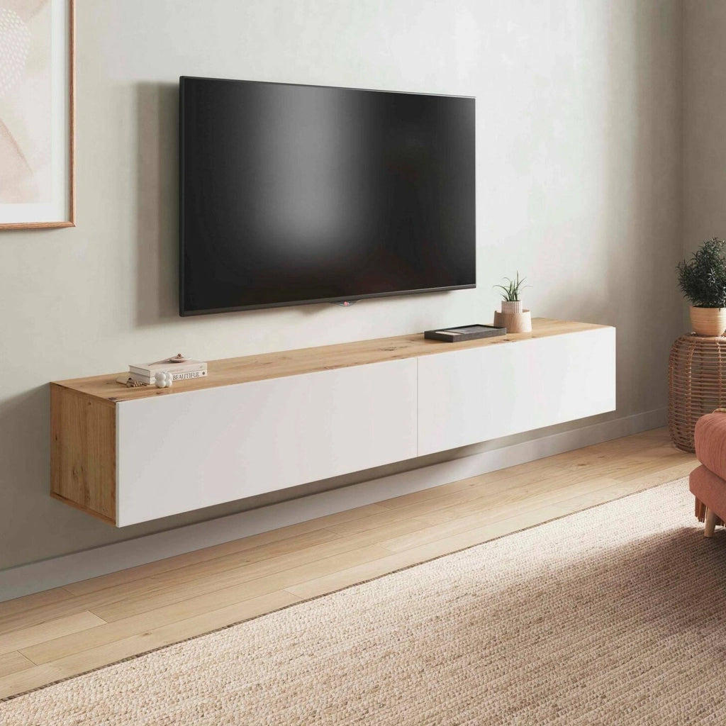 Mobile porta TV Senectus, Porta TV a 2 ante, Mobile sospeso soggiorno, 180x35h28 cm, Rovere Nodi e Bianco lucido
