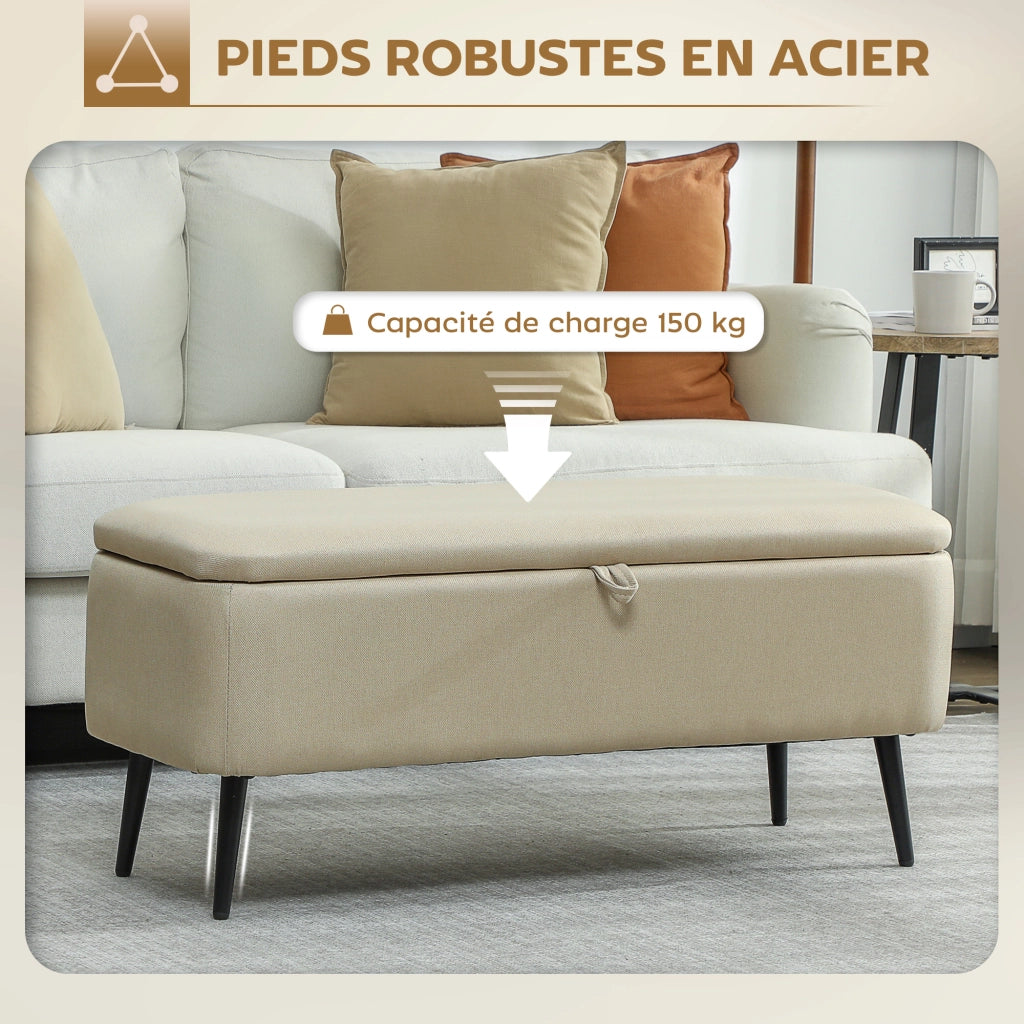 Panca contenitore ingresso con seduta imbottita ¨C Xylo ¨C Tessuto beige e acciaio nero 102x40x39,5 cm