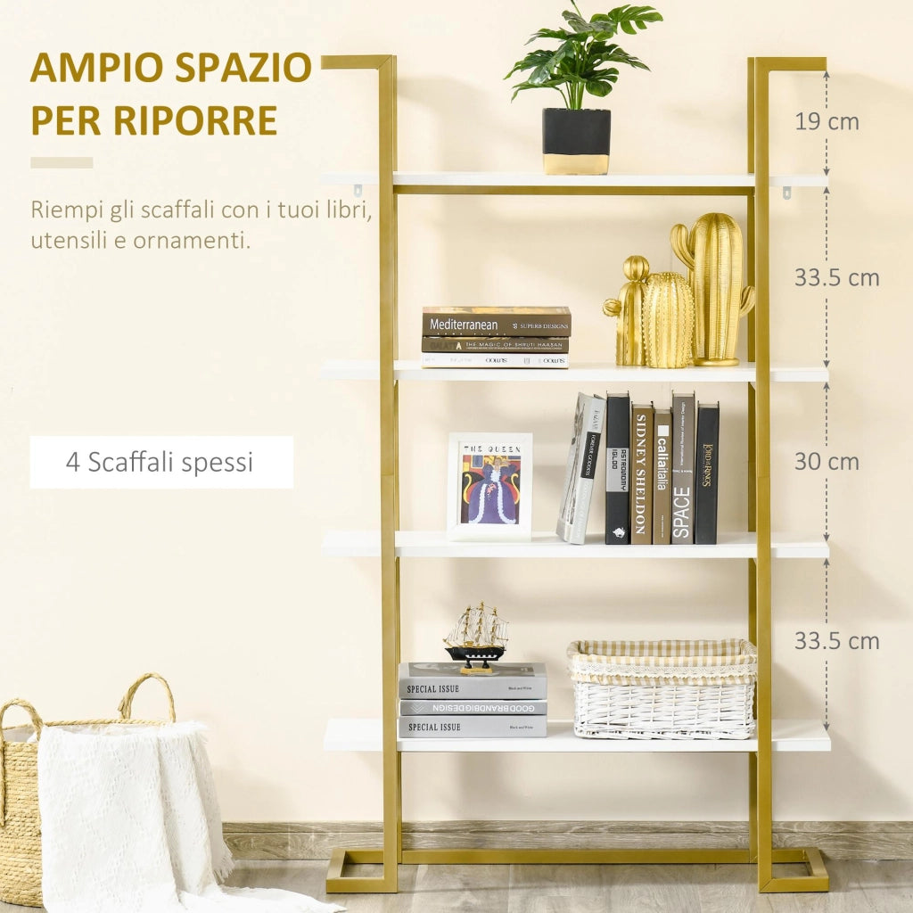 Libreria 4 Ripiani 92x35x152 cm in MDF e Acciaio Bianco e Oro