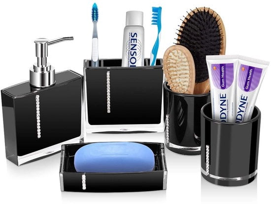 Set accessori bagno 5 pezzi - Dispensatore di sapone/Scatola di sapone - Ospite per spazzolino da denti/Scatola di sapone - Garganelli - Acrilico - Liscio brillante/Resistente alle abrasioni - Set bagno