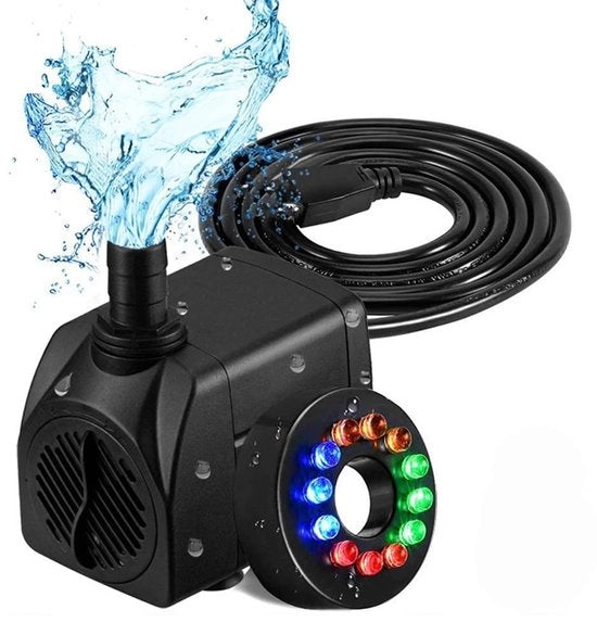 Pompa d'acqua 800 l/u - Doppia pompa - Ultraleggera - Per fontana/giardino/piscina - 12 lampade LED - 16 W