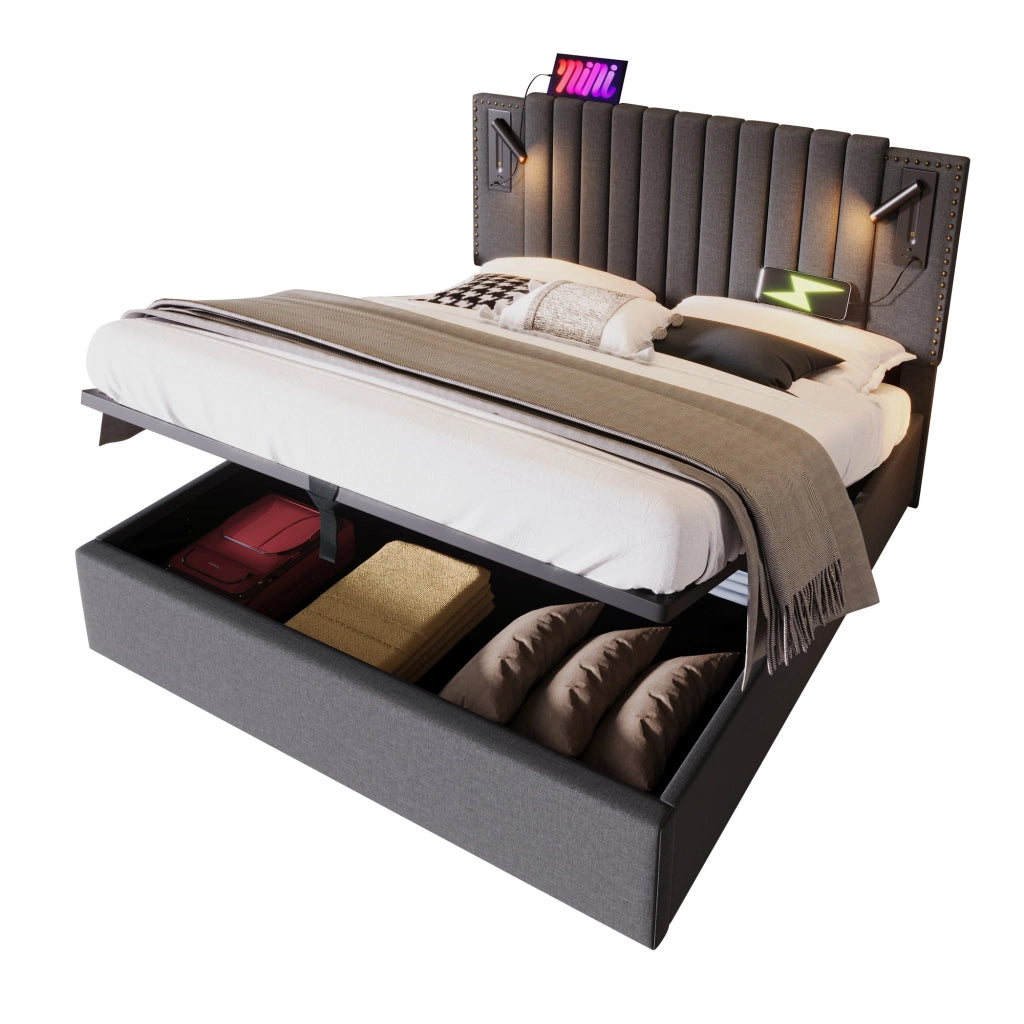 Letto matrimoniale – 140x200 cm – luce USB borchie rete – cotone grigio