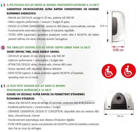 Asciugamani Elettrico 900W Vama SMARTJET MINI SF cromo satinato