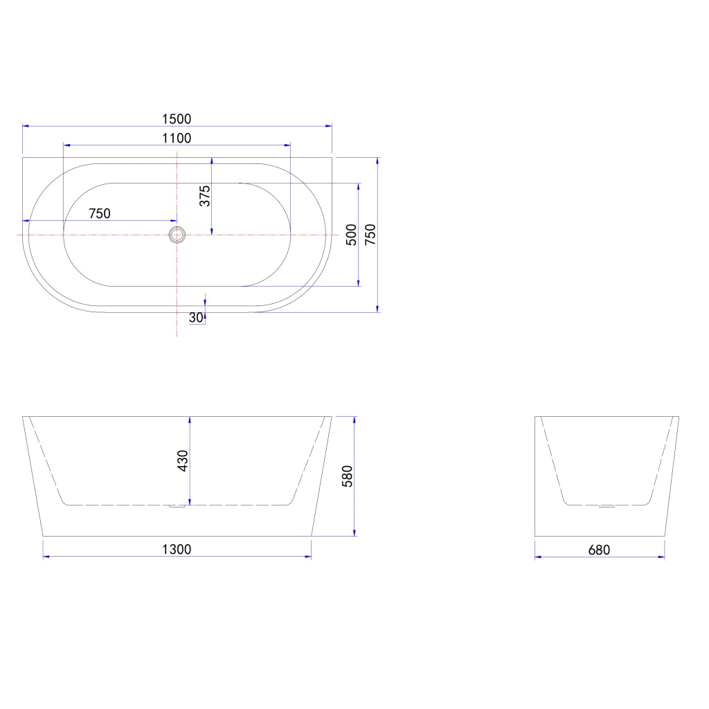 Vasca da Bagno a Isola in Acrilico 150x75x58 cm Semi-Freestanding Colore Bianco Angolo a Parete
