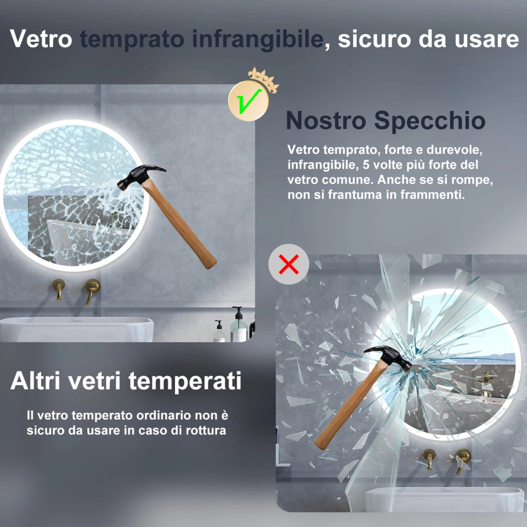 Specchio da bagno Rotondo con 80cm,Memoria, Antifog,Regorabile,Retroilluminato,doppio interruttore,