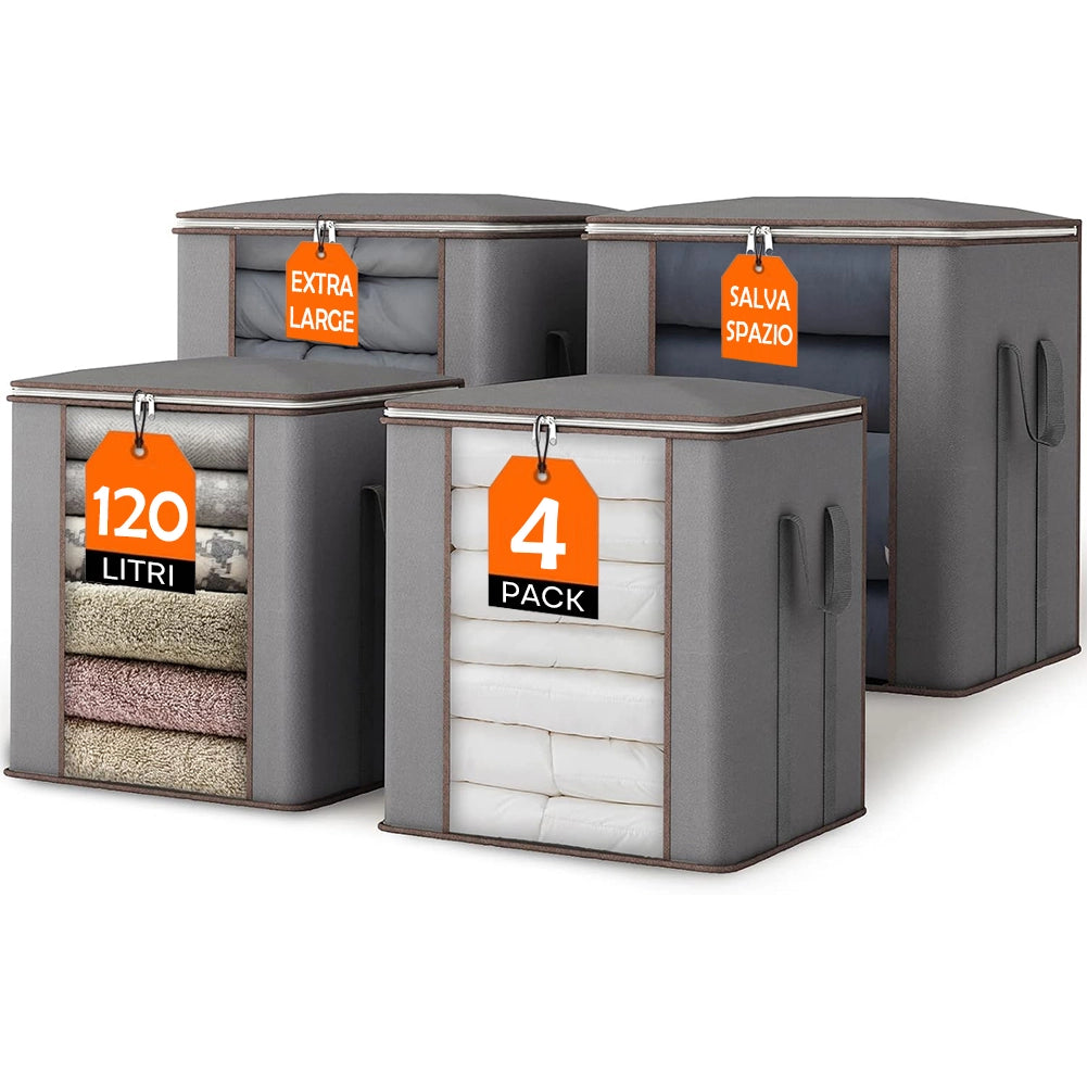 Set 4 Sacchetti Contenitori Extra Large 120L Manici Rinforzati Organizer Casa