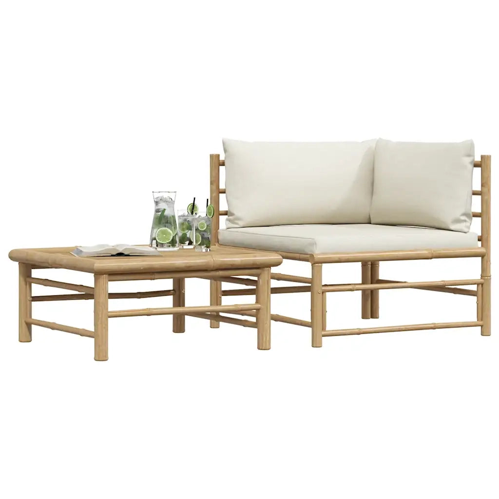 Set Divani da Giardino 2 pz con Cuscini Bianco Crema in Bambù 313144