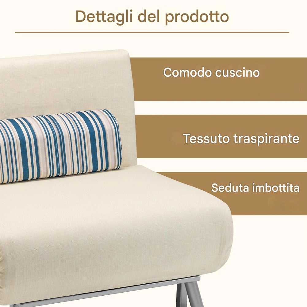 Poltrona Divano Letto 1 Posto Singolo in Ferro e Tessuto Reclinabile 75x73 Crema