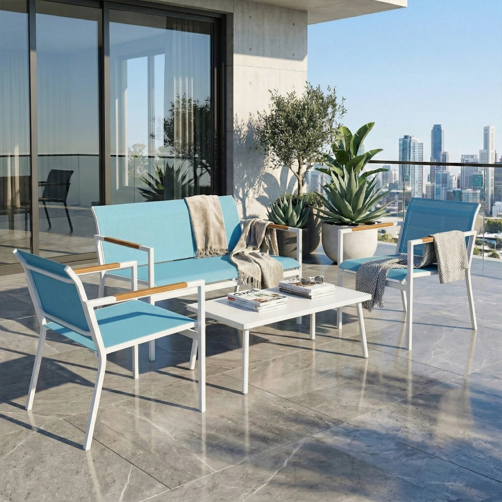 Set Giardino 4 Posti con Divano, Poltrone e Tavolo in Metallo ¨C Minimal ¨C Blu