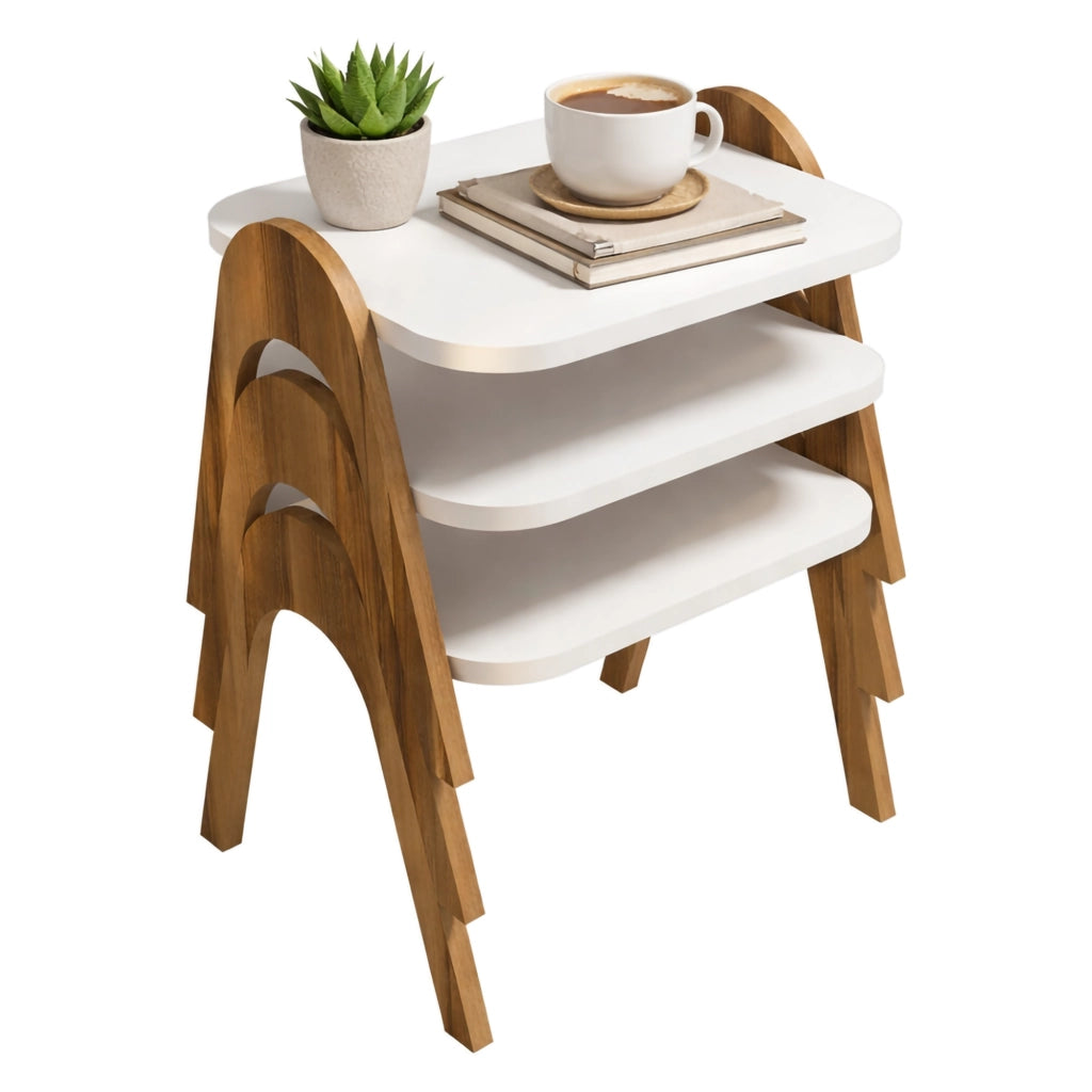 Cerrione, Tavolino da Salotto set 3 Pezzi Impilabili, 49x36x42h cm Bianco