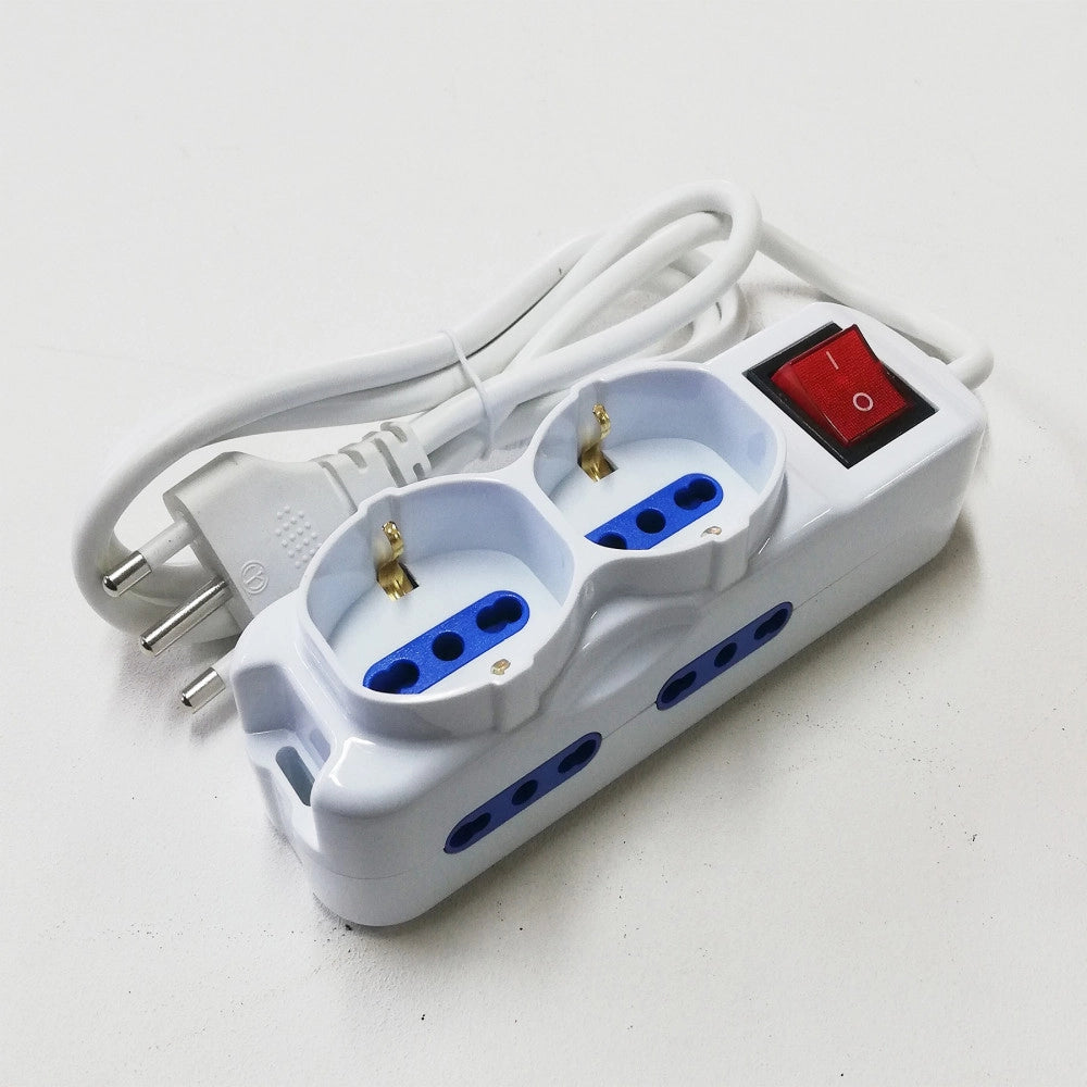 Alca power multipresa bianca con 4 bipasso + 2 universali con spina a 90° cavo da 1,5mt con interruttore