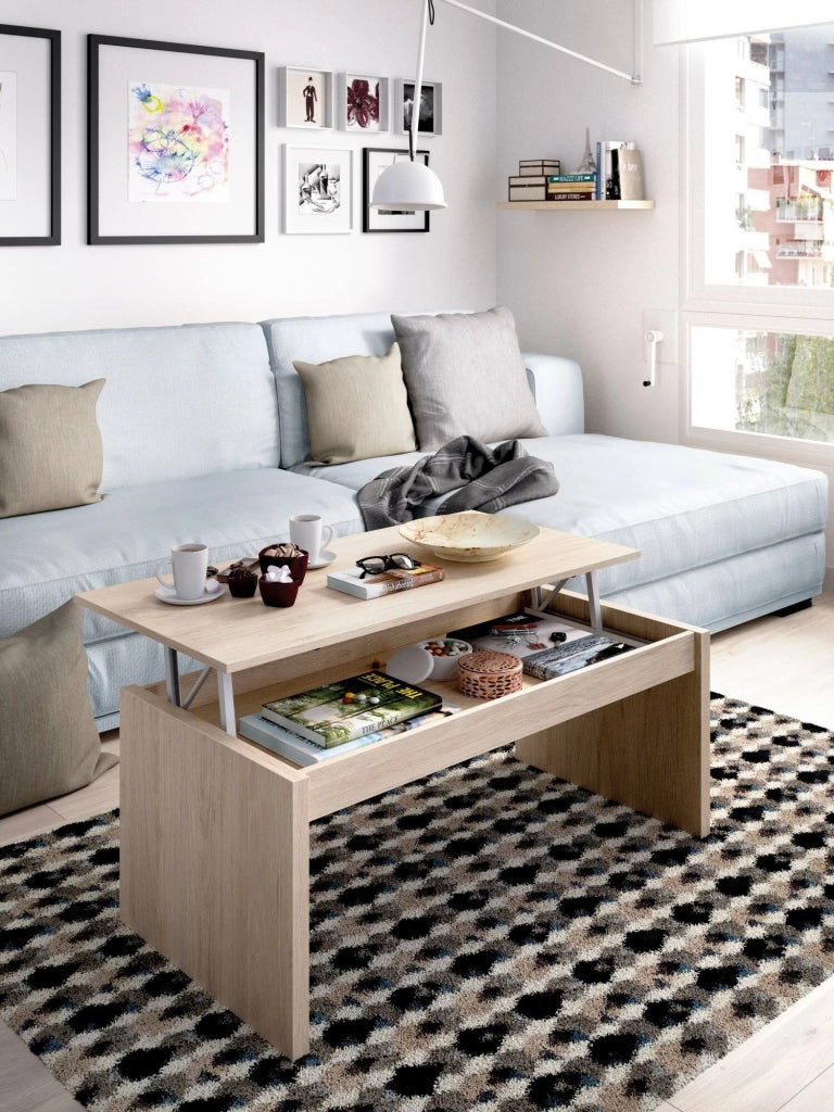 Tavolino da salotto Audi, Porta riviste da soggiorno con vano portaoggetti, Tavolo basso da caffè elevabile, 102x50h43 cm, Rovere
