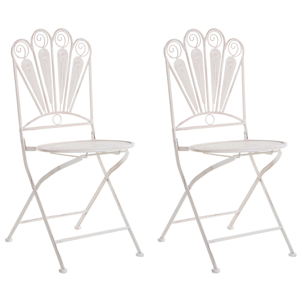 Set da giardino per bistrot Tavolo, panca e sedie in metallo verniciato a polvere bianco sporco Motivo pavone Effetto invecchiato