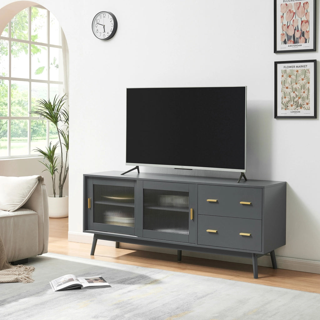 Mobile Porta TV Susa con Cassetti e Ante Scorrevoli in Vetro Scanalato 160x40x65 cm Grigio [en.casa]