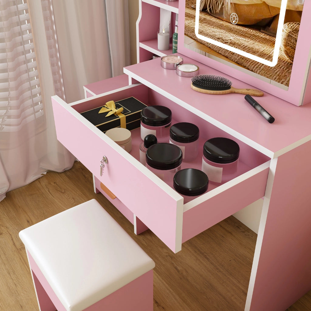 Toeletta con sgabello e specchio LED a 3 modalità in MDF rosa
