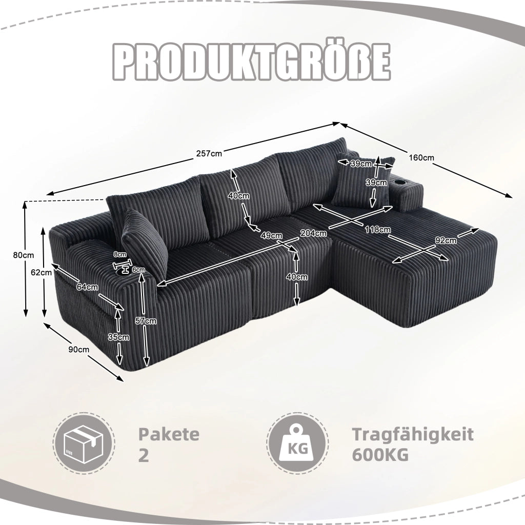 DIVANO Modulare con Chaise Longue e 2 Posti 257x90-160x62 cm Grigio