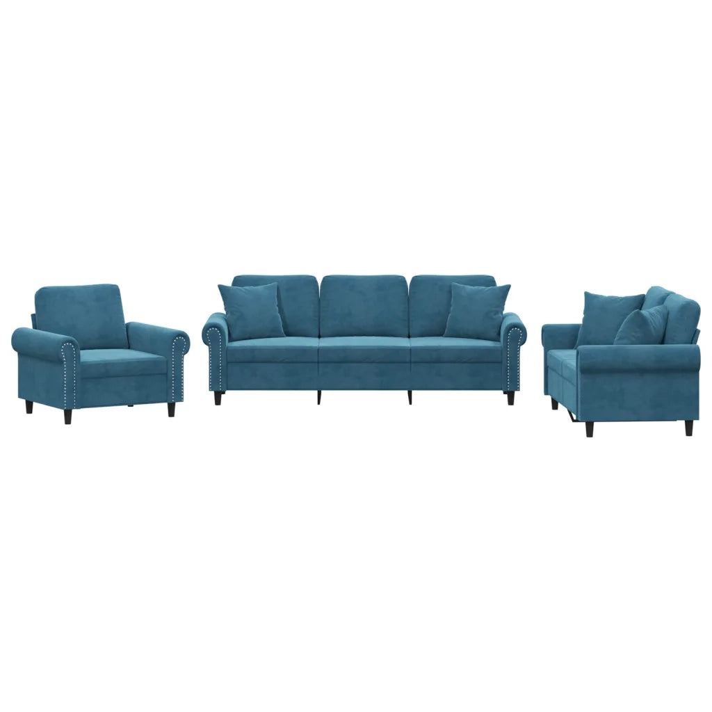 Set di Divani 3 pz con Cuscini Blu in Velluto 3202199