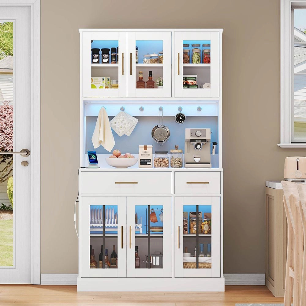 Buffet cucina con LED e presa - Xylo - 180x100 - Bianco - 6 porte 2 cassetti