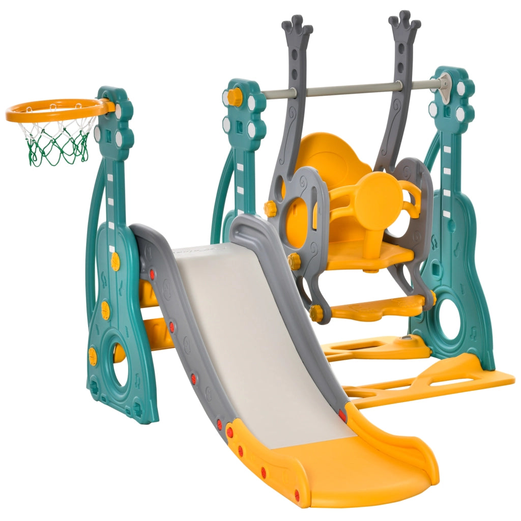 Parco giochi bambini 4 in 1 con scivolo, altalena, canestro basket e sedile regolabile ¨C Xylo ¨C 152x149x107cm blu giallo