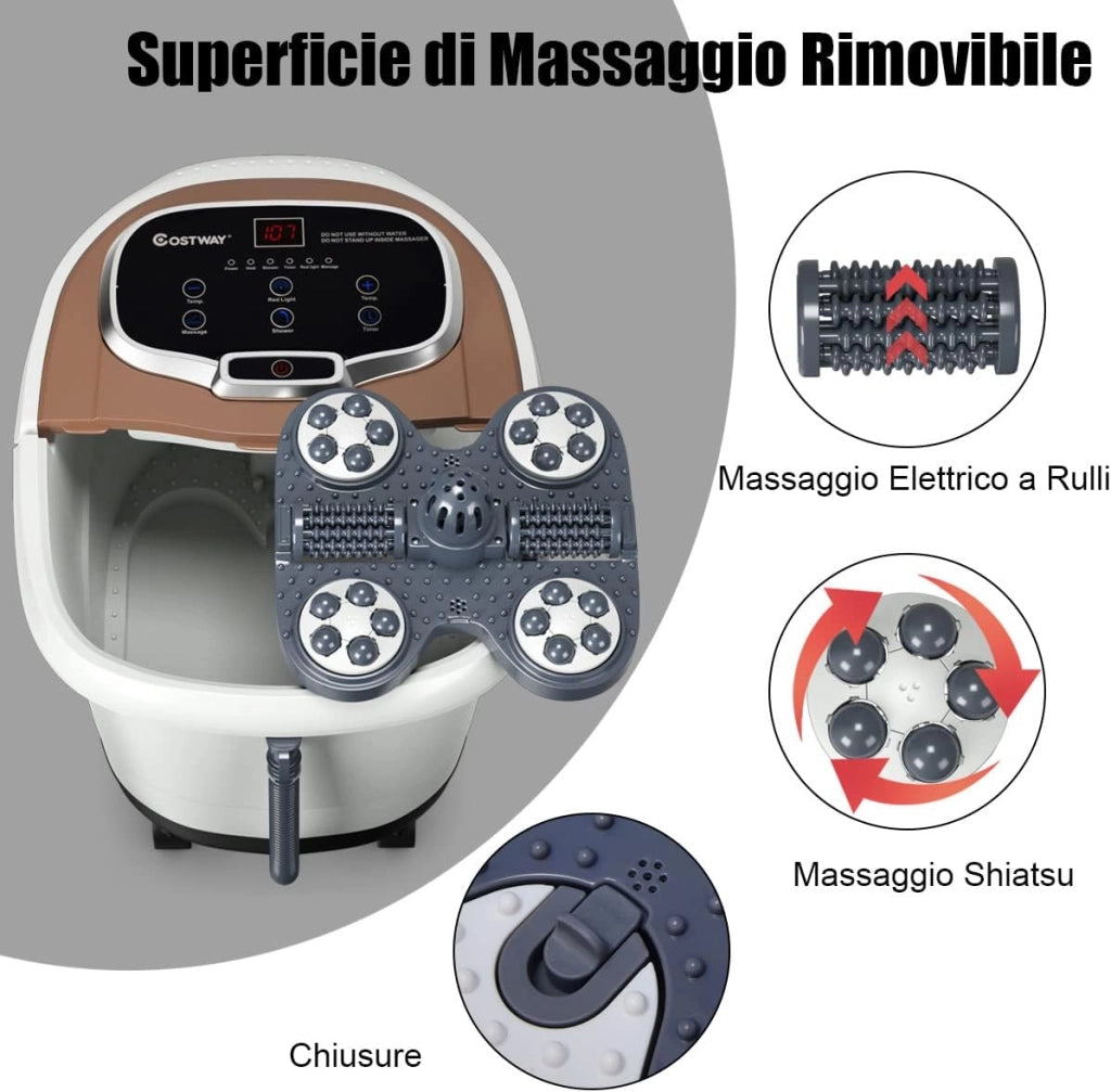 Idromassaggio per Piedi Idromassaggiatore Plantare Massaggio Shiatsu, con Funzione Calore Timer e Rulli, Luce a Infrarossi, 15L, Marrone