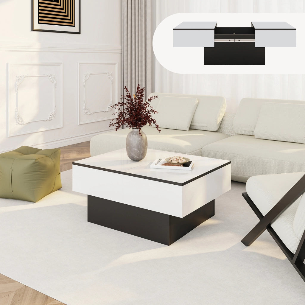 Tavolino Centrale Lens da Salotto con Piano Scorrevole 80 x 60 x 36 cm - Bianco / Nero [en.casa]