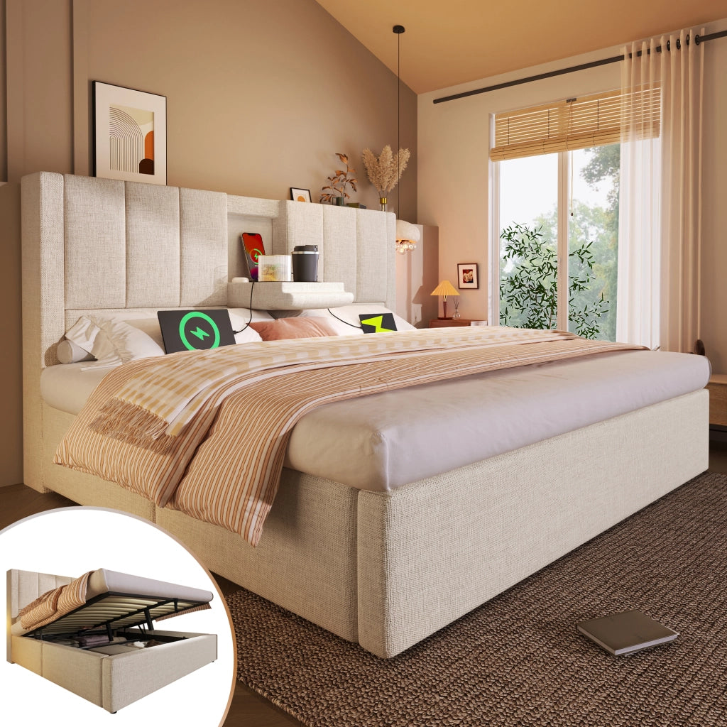 Letto contenitore imbottito 180x200 cm con apertura idraulica, portabicchieri e ricarica, beige