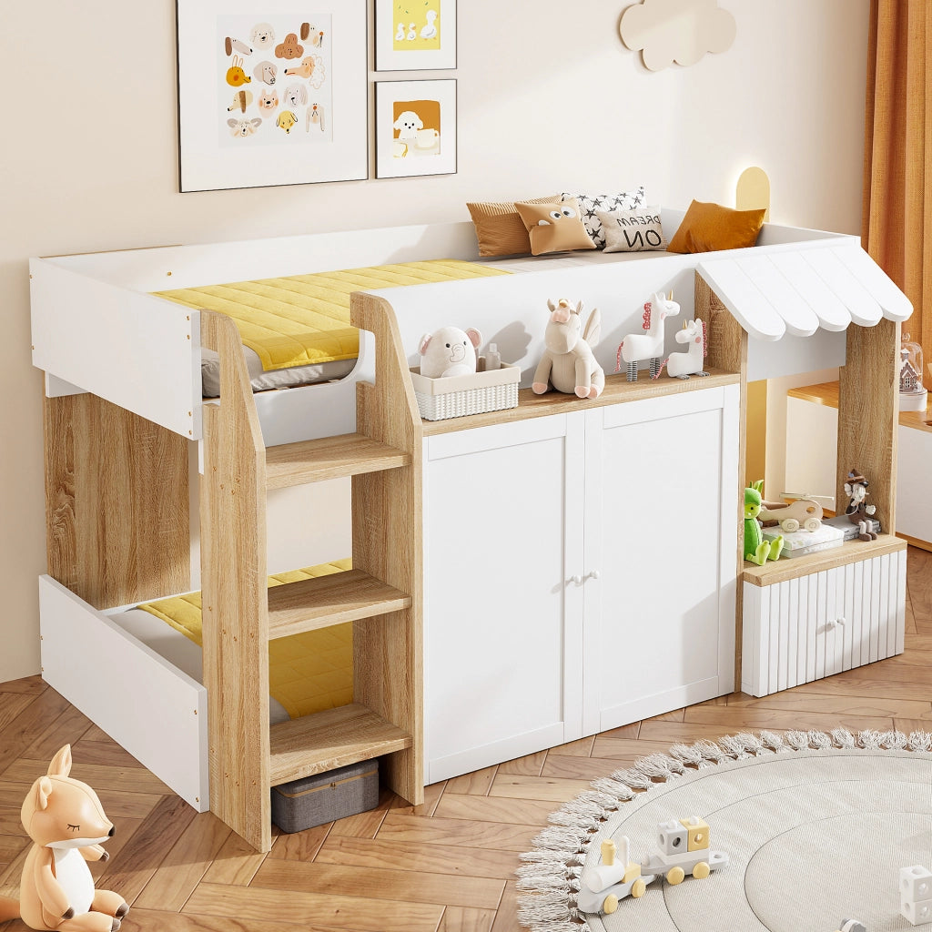 OKWISH Letto a soppalco 90×200 cm, Letto Singolo con Scala Ampia, Contenitore e Vani, senza Materasso, in Legno, Bianco Naturale
