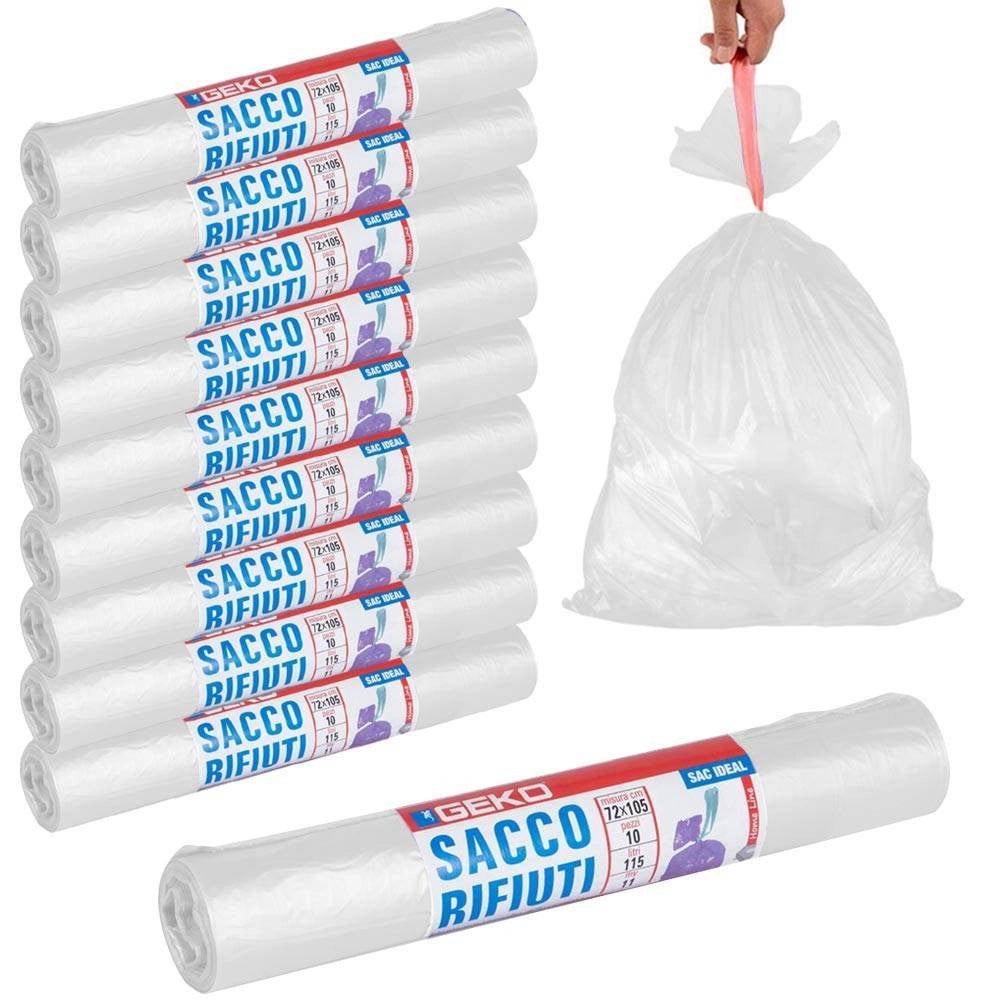 Trade Shop - Rotoli Sacchetti Buste Per Spazzatura 115lt 72x105 Chiusura Con Laccetto Bianco -