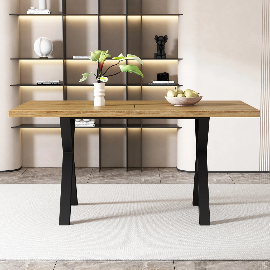 Tavolo da Pranzo Rettangolare ¨C MINIMAL ¨C Piano Rovere/Nero, Gambe Incrociate in Metallo, 140x80x76 cm