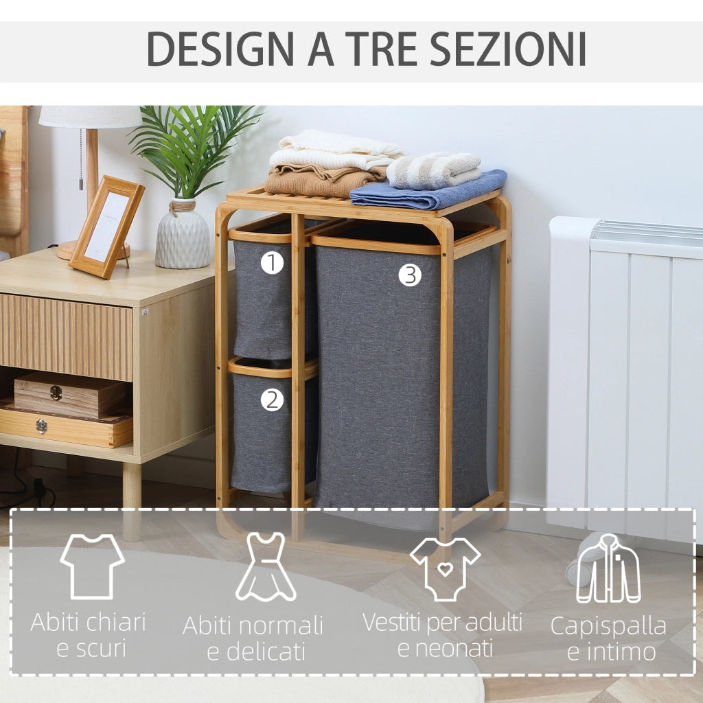 EasyComfort Cesto Portabiancheria con 3 Scomparti in Tessuto e Bambù, 50x32x69.7cm