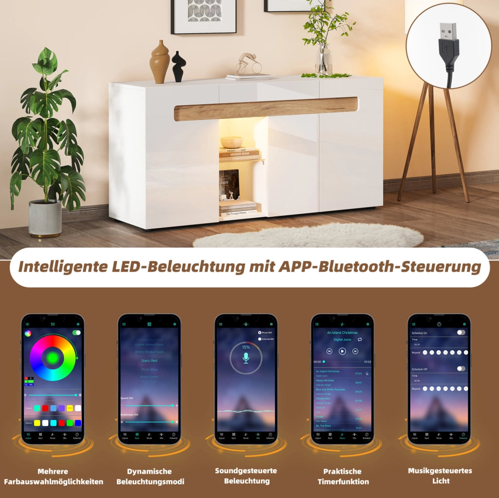 Sideboard 3 ante con LED controllato da app, 140x40x70 cm