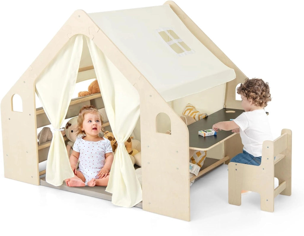 6 in 1 Tenda per Bambini in Legno, Beige, 98 x 145 x 113 cm, Tenda Casetta da Gioco con Tavolo e Sedia, Tappetino Morbido, Tappetino Lavagna Bifacciale e 6 Scatole Portagiochi Rimovibili