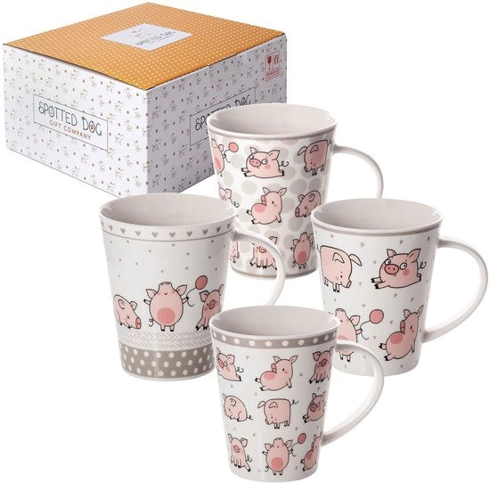 Set di Tazze da Caffè in Ceramica da 360ml con Disegno di Maiale Rosa, 4 pezzi