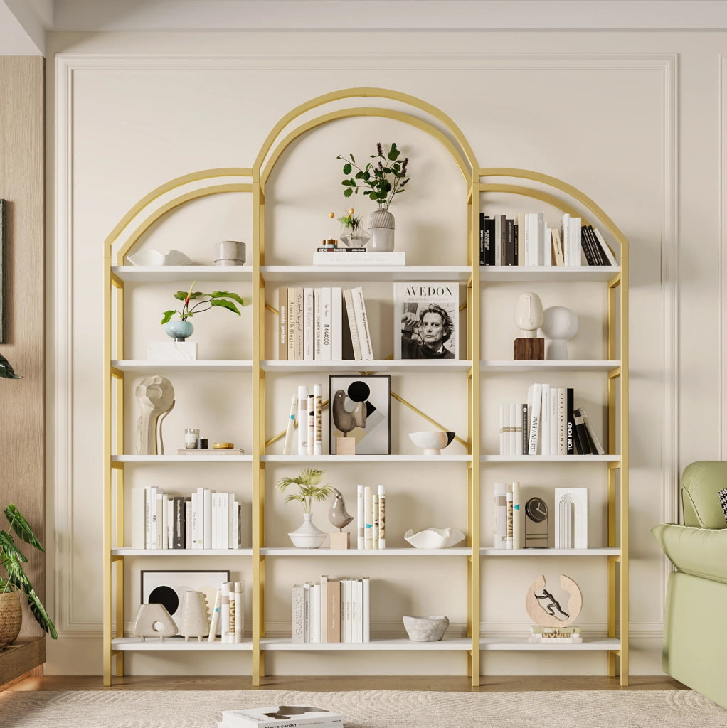 Scaffale a 5 ripiani in metallo e MDF, stile essenziale, oro e bianco