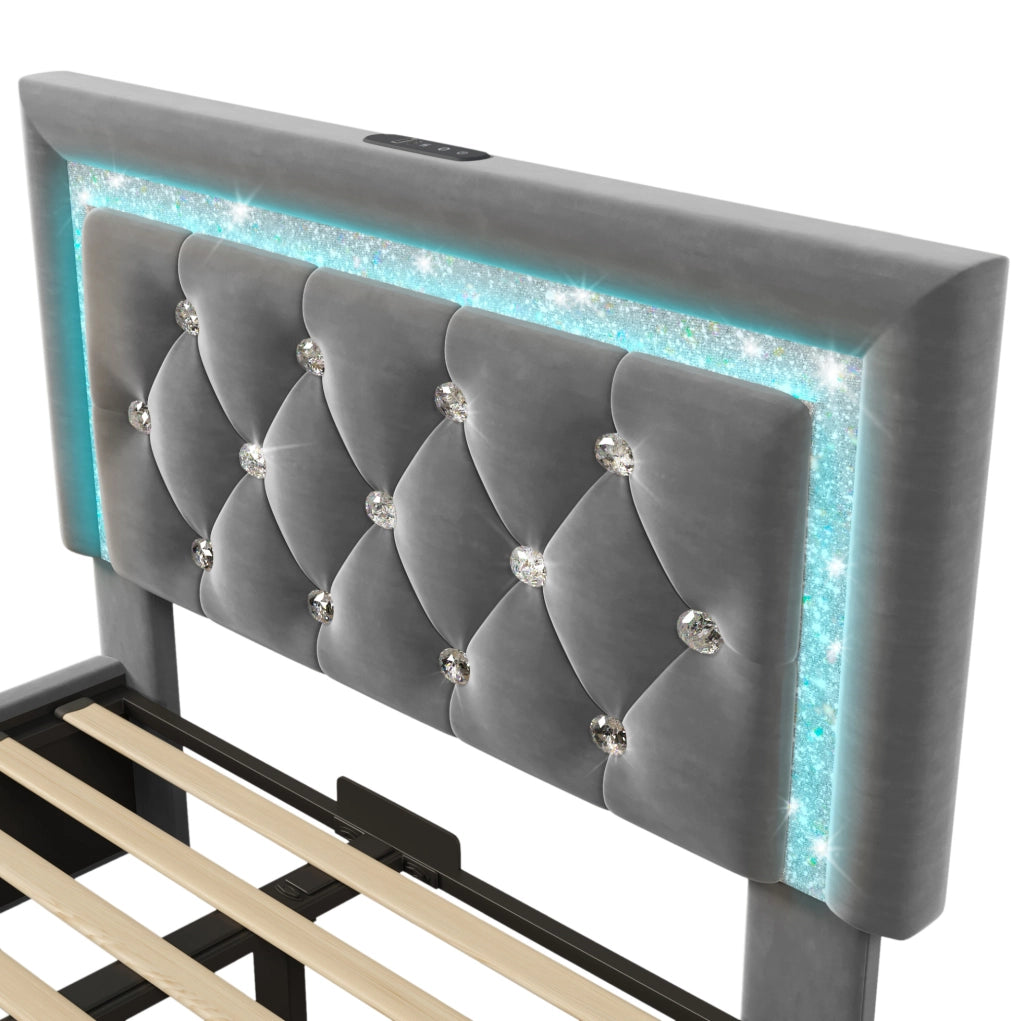 Letto imbottito con LED, ricarica USB e contenitore