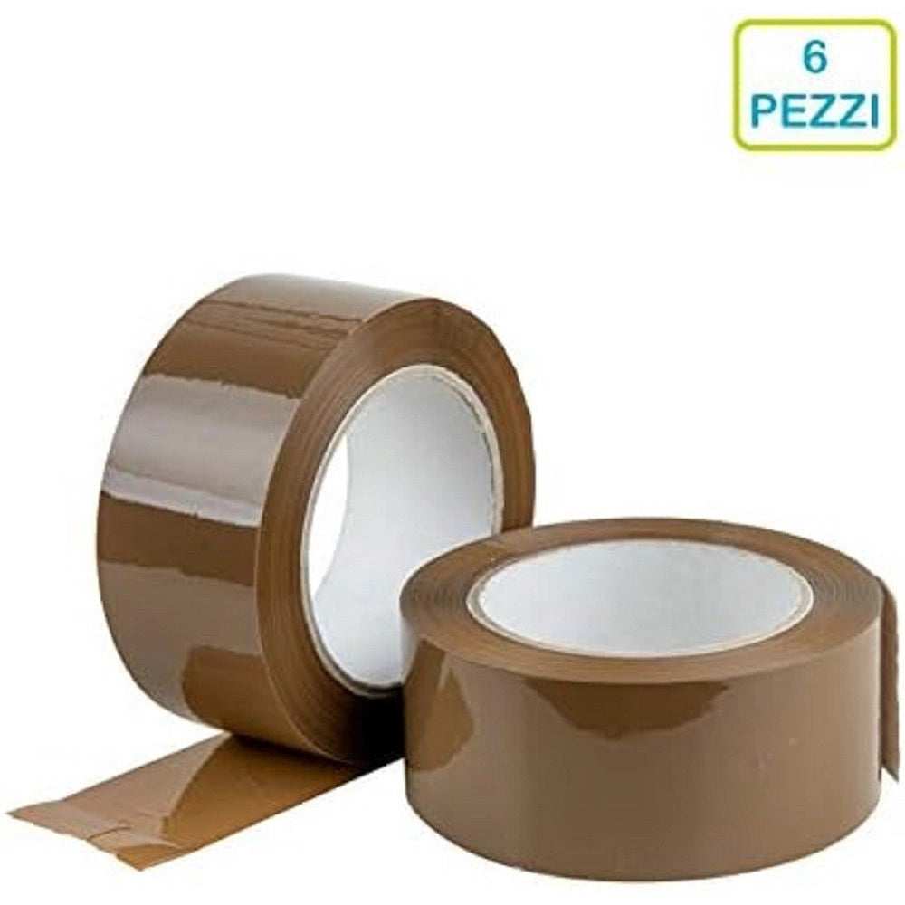 Trade Shop - Set 6 Pz Rotoli Nastro Adesivo Pacchi 50mmx132mt Silenzioso Imballo Colore Avana -