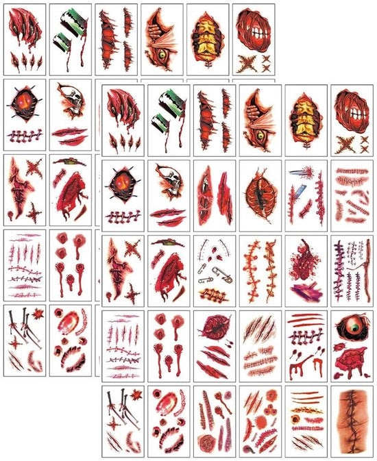 Tatuaggi Realistici Effetto - Tatuaggi di Halloween - Tatuaggi Temporanei - Resistente all'Acqua - Facile da Applicare - Stickers 3D con Sintetico Sangue - Tatuaggio Falso