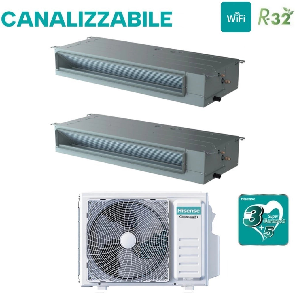Climatizzatore Condizionatore Hisense Dual Split Inverter Canalizzato Canalizzabile 12+12 con 2AMW52U4RXC R-32 Wi-Fi Optional 12000+12000 Con Telecomando di Serie