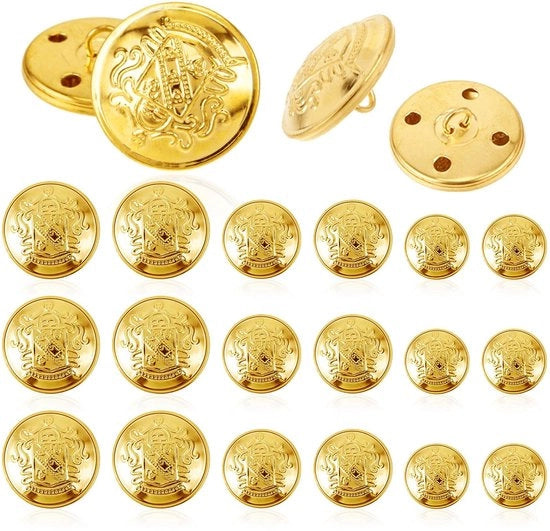 Set di 18 bottoni metallici dorati vintage in ottone per giacca, camicia e uniforme da DIY, dimensioni 18 mm, 20 mm, 25 mm.