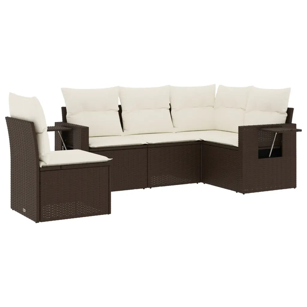 Set Divano da Giardino 5 pz | Set Salotto da Giardino con Cuscini Marrone in Polyrattan