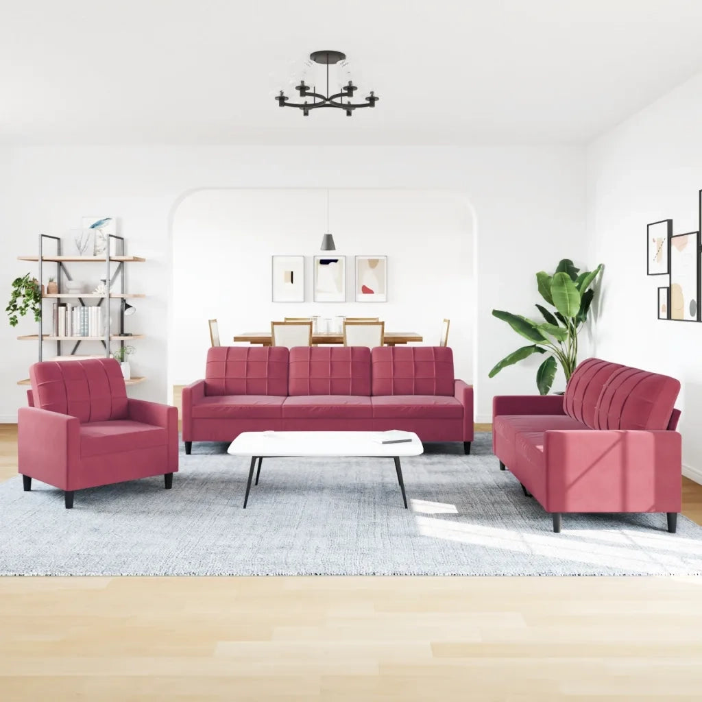 Set di Divani 3 pz con Cuscini Rosso Vino in Velluto